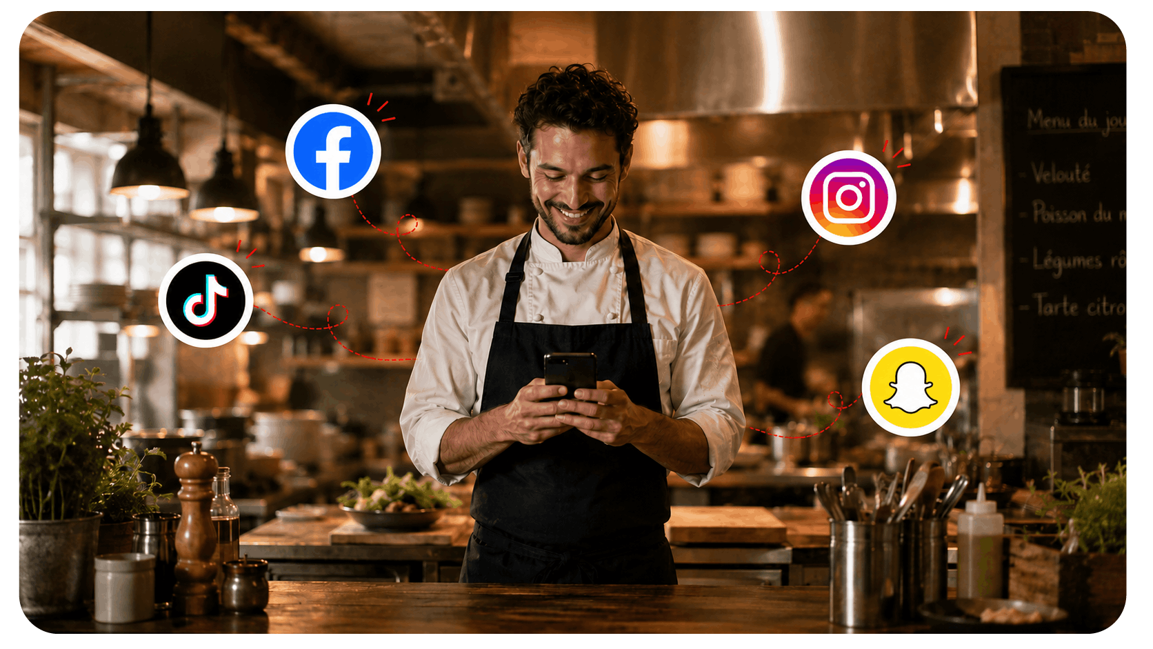 Une cuisinier en tablier regarde son téléphone. Autour de lui, les icônes facebook, instagram, snapchat et tiktok sont affichés.